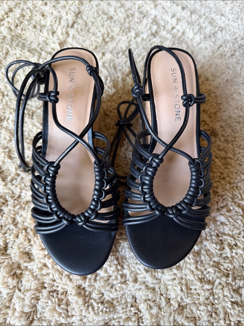 Women’s Sun + Stone Black Knotted Lace-Up Heeled Cork Wedge Sandals 5
